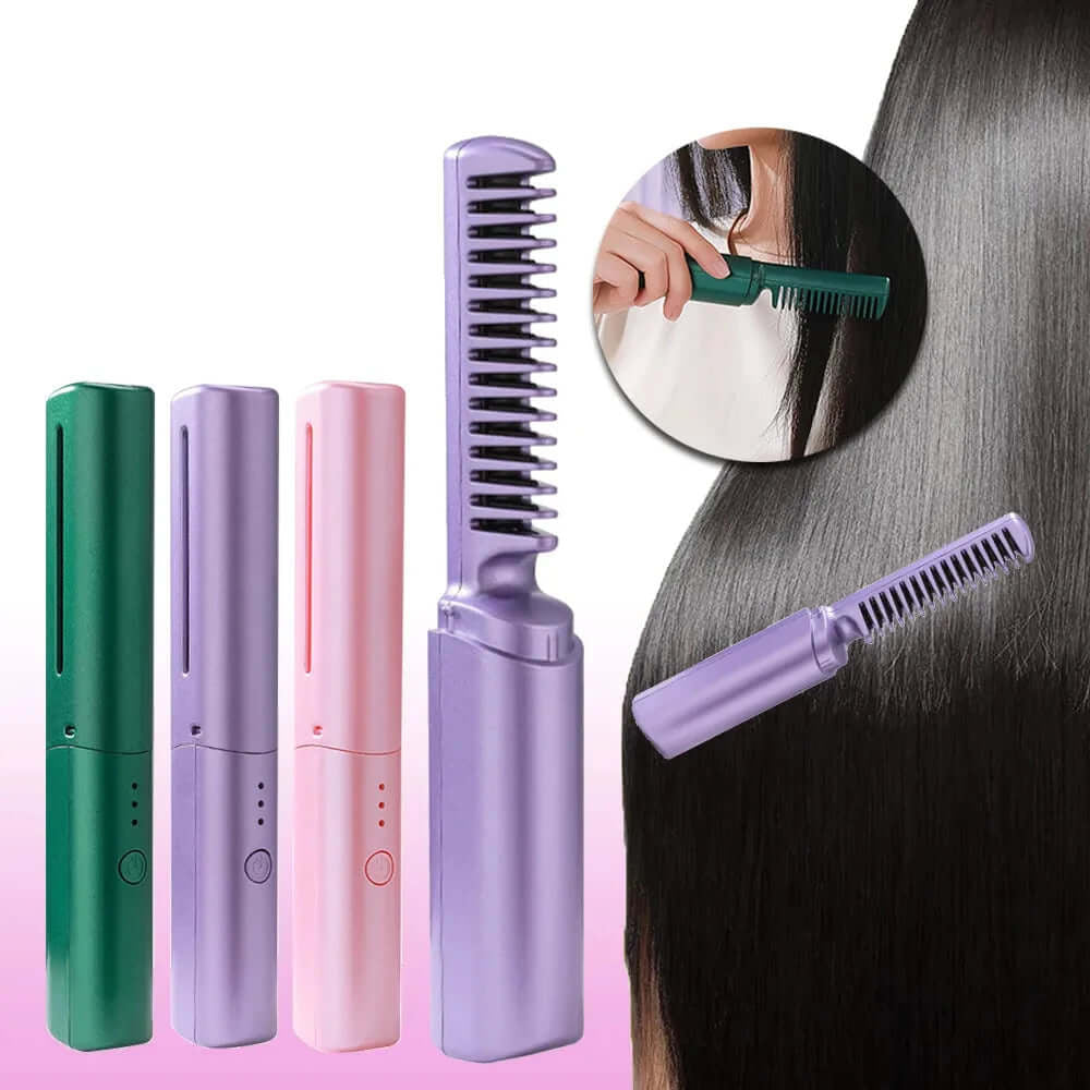 Cordless hair straightening brush in green purple and pink with compact design for smooth hair styling
