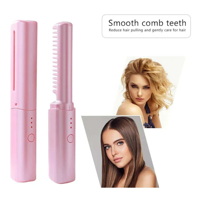 Dropshipman cordless hair straightening brush in pink with smooth comb teeth shown with styled hair examples