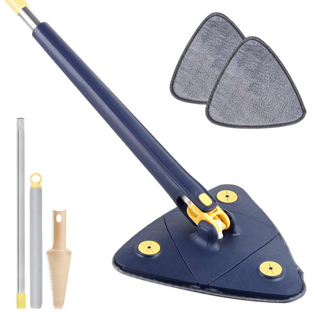 Complete set of the Self-Squeeze Triangular Mop in navy color including extra cleaning pads, showcasing its functionality and features. Mop, Self-Squeeze, Triangular.