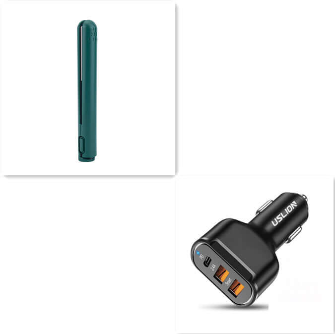 USB Portable Wireless Hair Straightener in green color with a car charger, highlighting the versatility and convenience for use anywhere as a portable hair straightener.