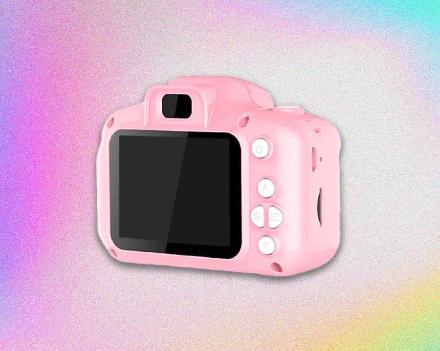 Back view of the pink Mini Retro Camera, displaying its LCD screen and buttons, designed for easy control and access to photography functions.