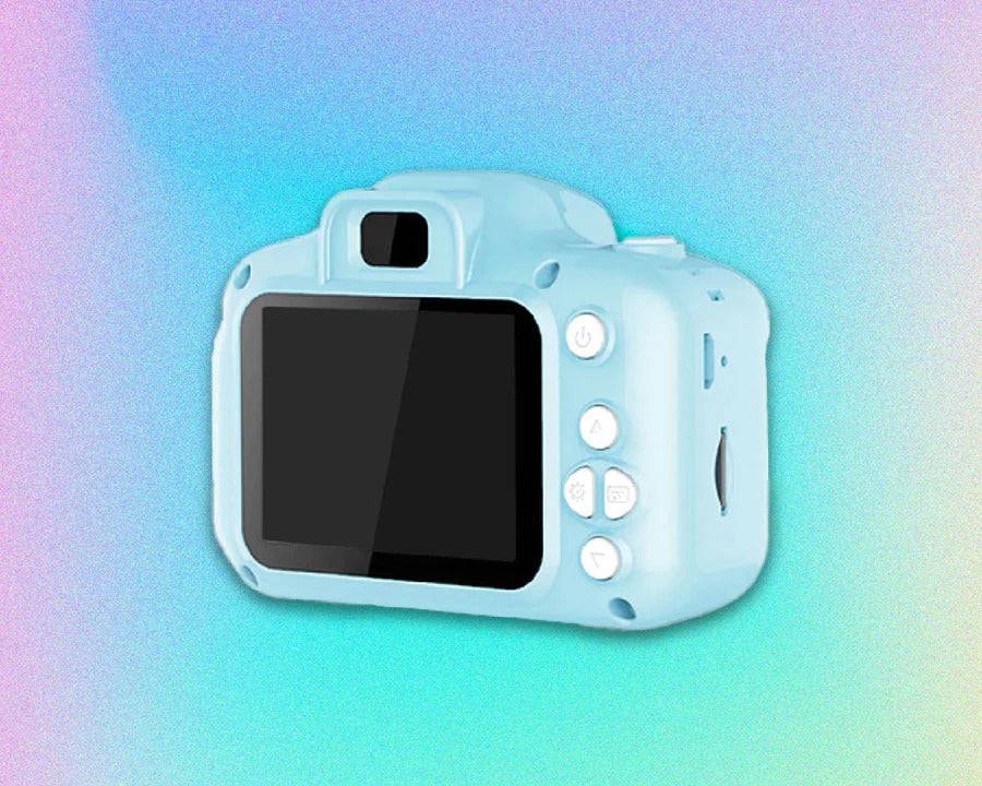 Back view of the Mini Retro Camera in blue, highlighting its LCD screen and control buttons, ideal for capturing nostalgic moments.