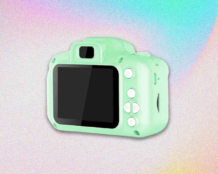 Back view of the mint green Mini Retro Camera, featuring an LCD screen and buttons, emphasizing user-friendly design for budding photographers.