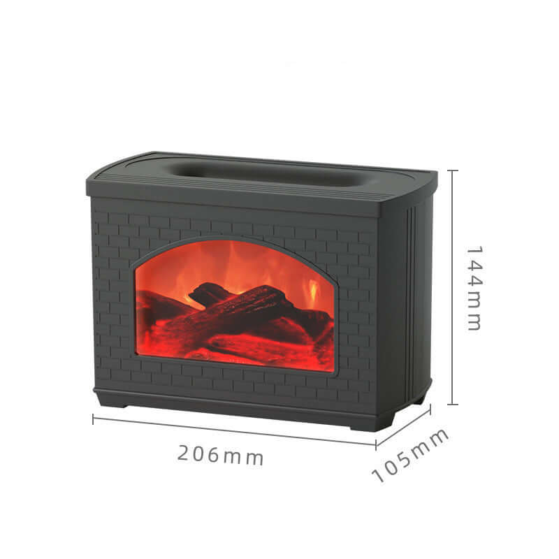 Detailed view of the black simulated flame humidifier showcasing its size and design, perfect for modern interior decor.