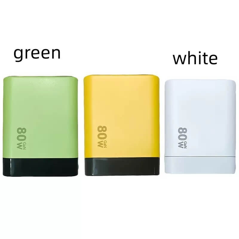 Colorful type C fast chargers displayed in green, yellow, and white, perfect for personal style and tech accessory needs.