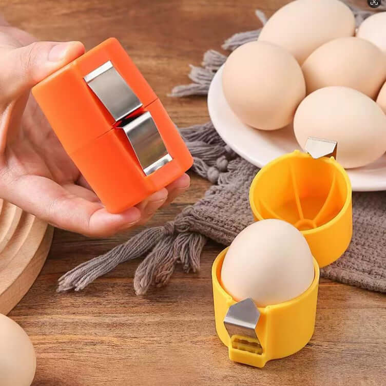 eprolo easy egg cracking device in orange and yellow with whole eggs on wooden table
