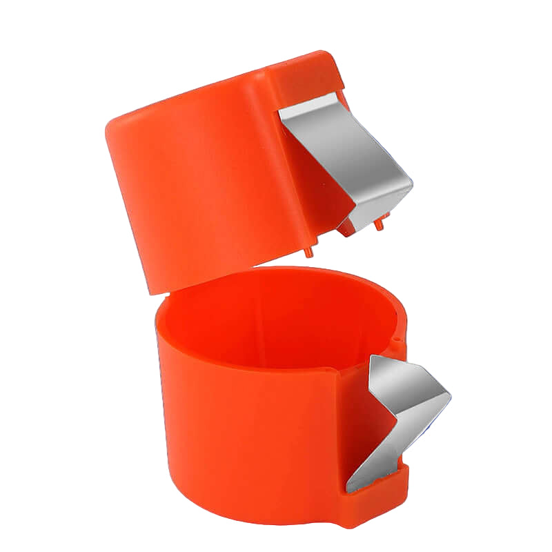 Orange easy egg cracking device with stainless steel blades for simple egg shell removal