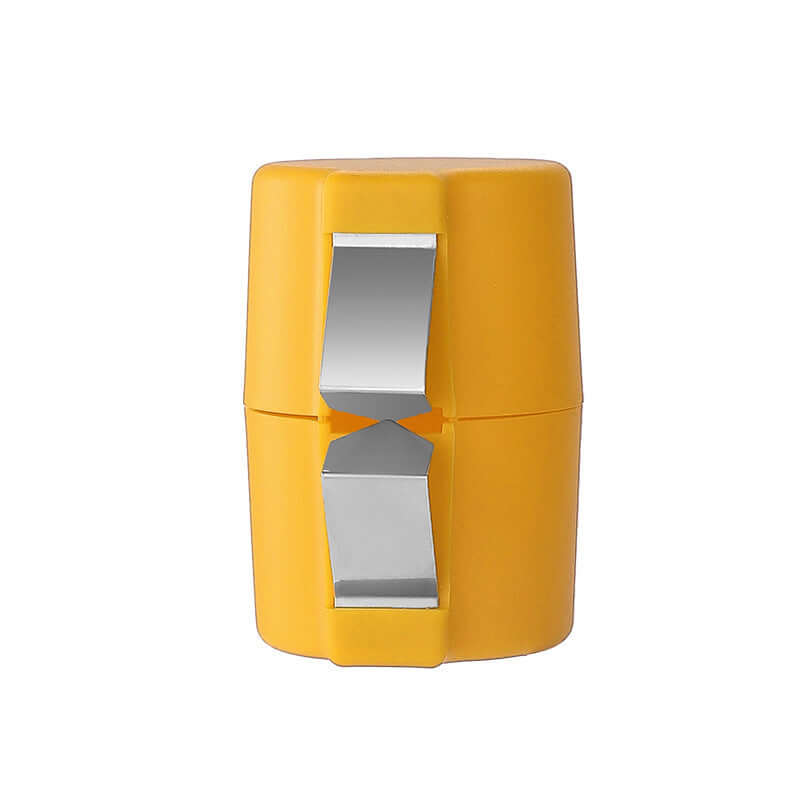 Yellow easy egg cracking device with metal clamps for effortless egg opening