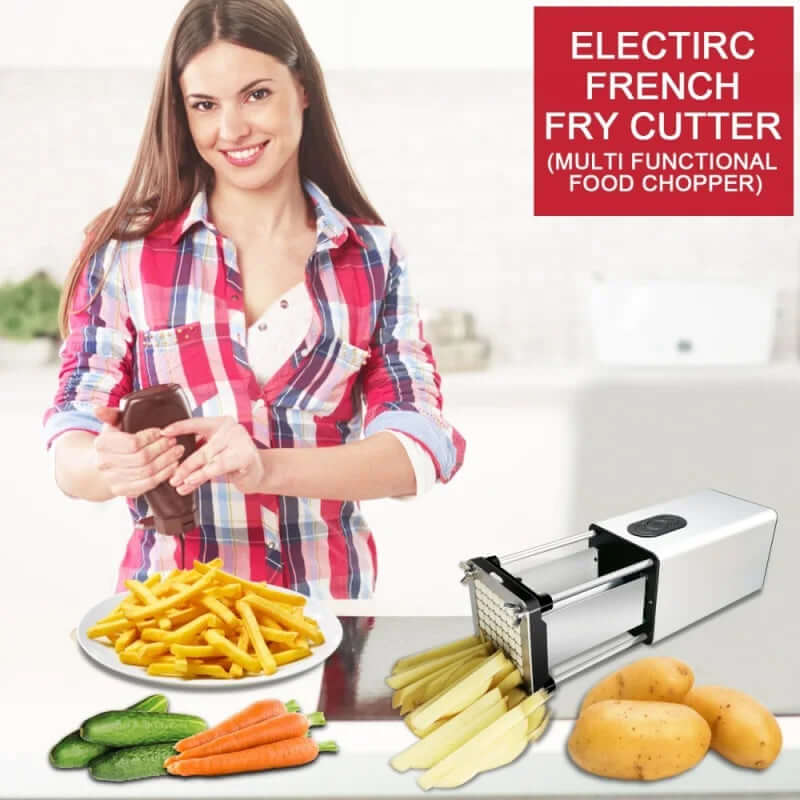 Electric french fry cutter slicing potatoes into fries with fresh vegetables and a smiling woman in a kitchen