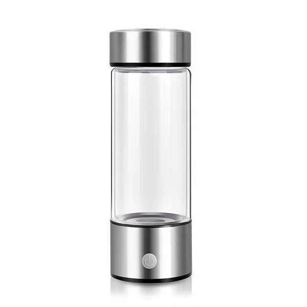 Portable Hydrogen Generator Bottle - Rechargeable Antioxidant Water Maker in silver, made from durable borosilicate glass, designed for enhancing hydration.