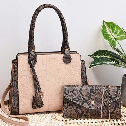 Stylish Serpentine Stitching Crossbody Bag - Fashionable Combination of Style and Function, highlighting a beige handbag with a snakeskin wallet, designed as an essential fashionable daily bag.