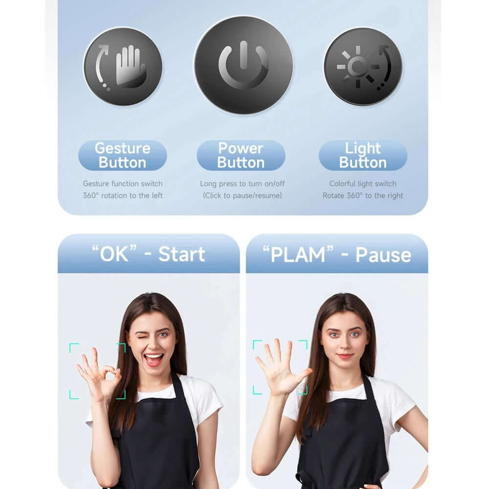 Face tracking smartphone gimbal with gesture control buttons for start and pause functions