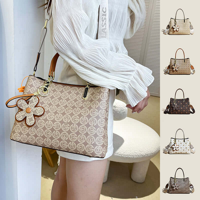 Fashion printed tote bag for women in beige with flower charm and shoulder strap by Dropshipman