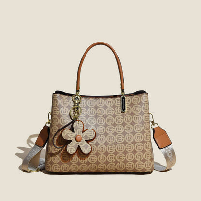 Fashion printed tote bag for women with brown handles and a floral charm by Dropshipman