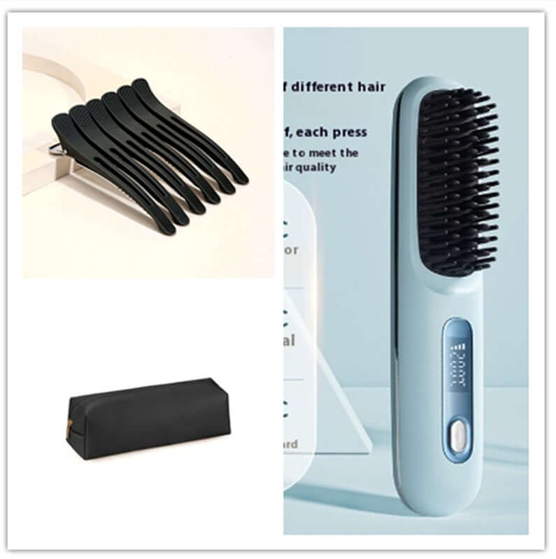 Fast heating travel hair straightener in blue with digital display, comb design, black hair clips, and carrying pouch