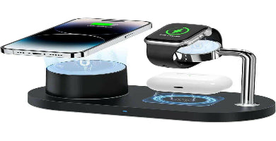 Eprolo Fast Magnetic Charger for iPhone 3-in-1 Dock featuring charging capability for iPhone, Apple Watch, and AirPods with a sleek black design and LED indicators. Ideal fast magnetic charger for seamless charging.