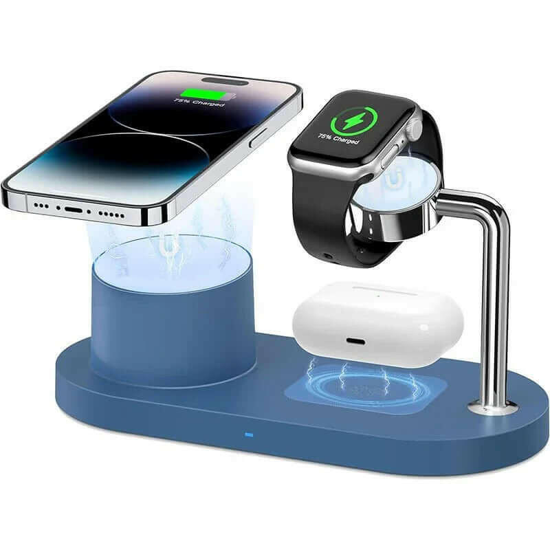 Eprolo Fast Magnetic Charger for iPhone 3-in-1 Dock in a sleek blue color, designed to simultaneously charge an iPhone, Apple Watch, and AirPods. Discover the efficiency of this fast magnetic charger.
