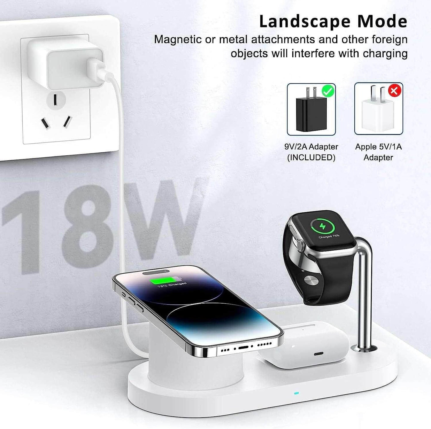 Eprolo Fast Magnetic Charger for iPhone 3-in-1 Dock in landscape mode, emphasizing compatibility with various power adapters. This fast magnetic charger ensures efficient charging for your devices.