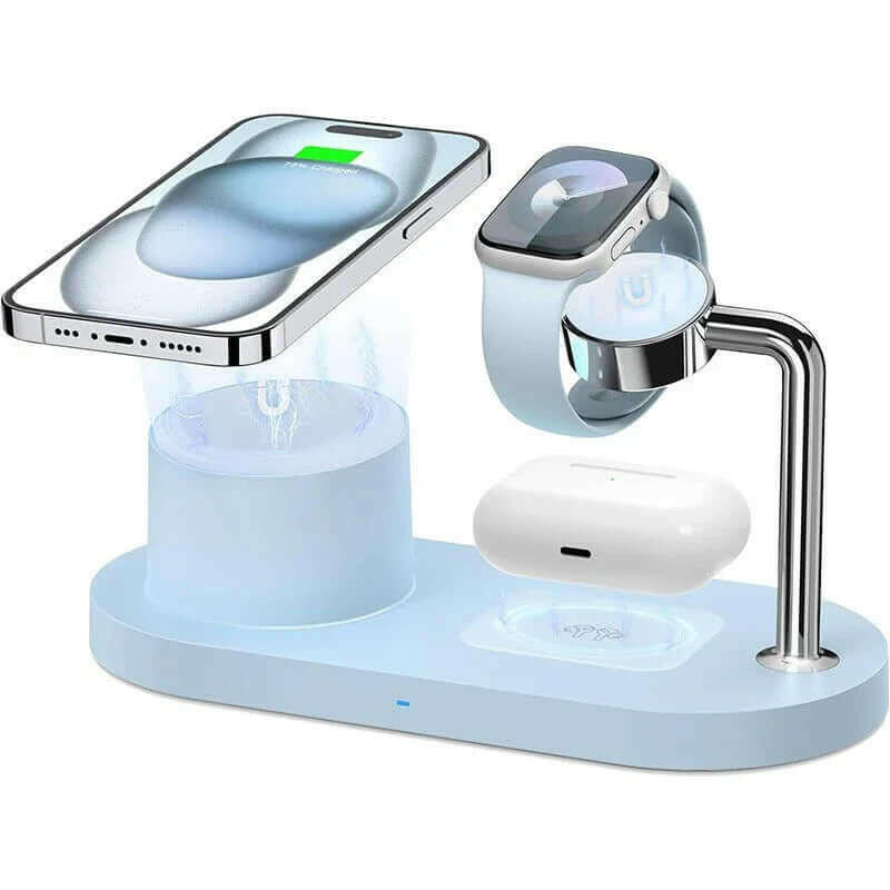 Eprolo Fast Magnetic Charger for iPhone 3-in-1 Dock showcasing a stylish blue finish, designed to effortlessly charge iPhone, Apple Watch, and AirPods. Experience the convenience of a fast magnetic charger.