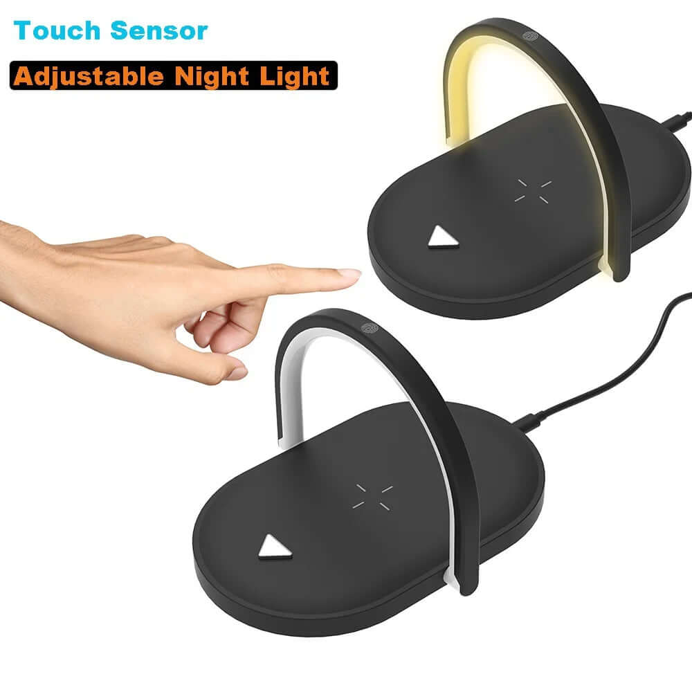 Black fast wireless charger with night light showing touch sensor and adjustable light feature