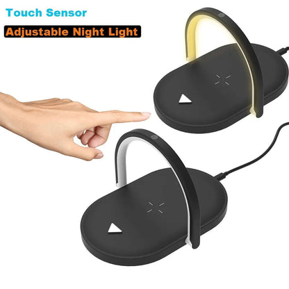 Black fast wireless charger with night light showing touch sensor and adjustable light feature