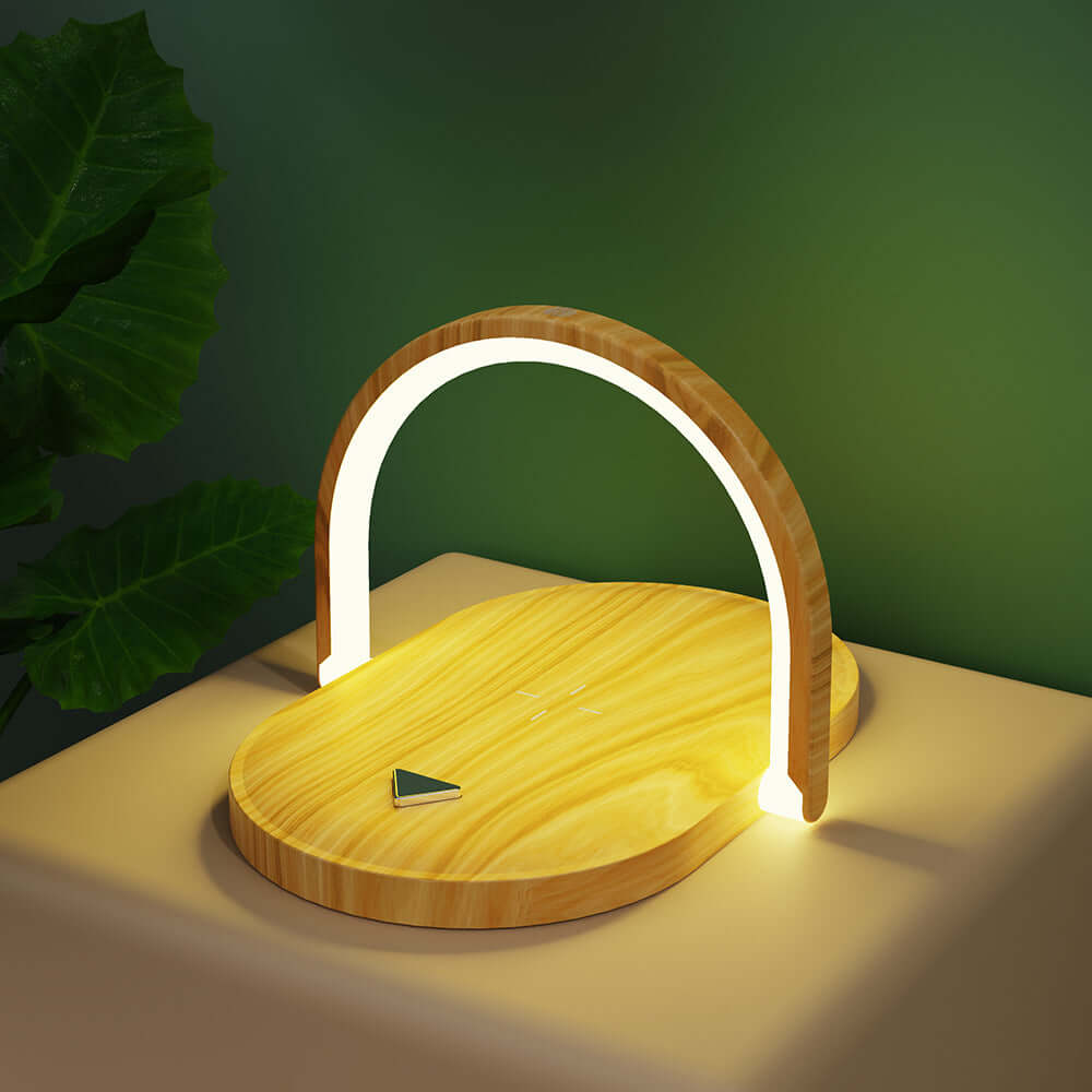 Wooden fast wireless charger with night light featuring a unique curved LED design on table