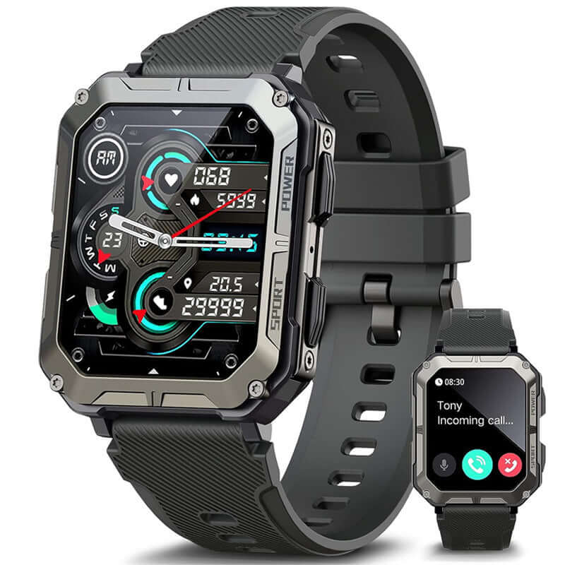 Dropshipman fitness smartwatch for Android and iOS with black rugged design and multiple health tracking features