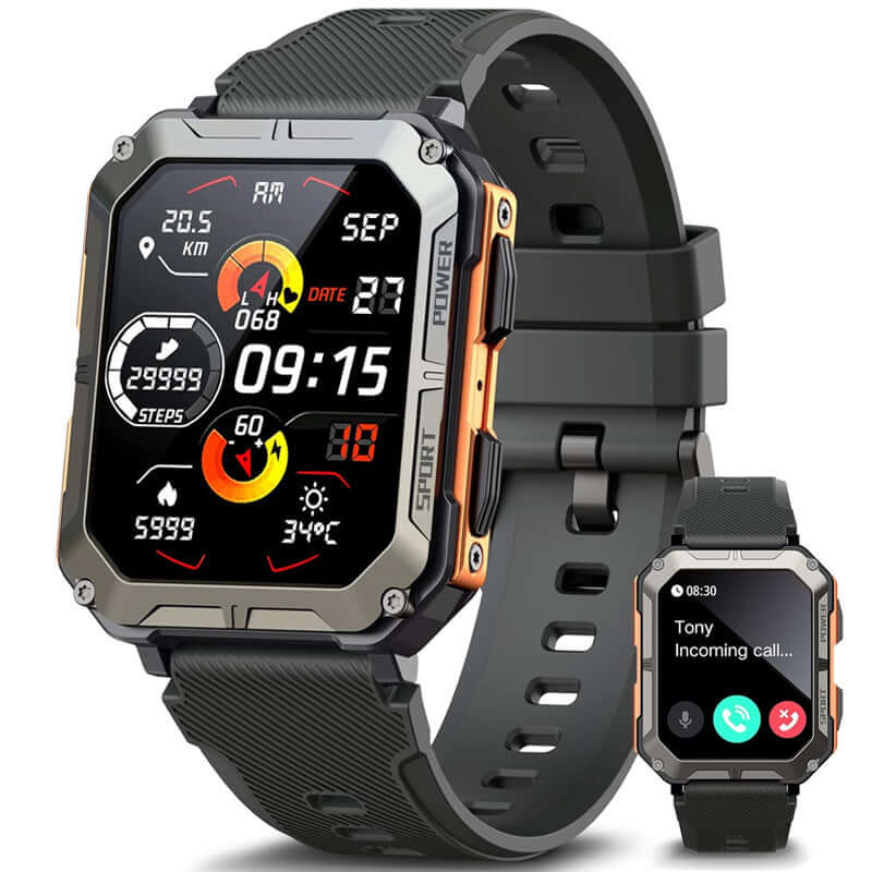 Fitness smartwatch for Android and iOS with black strap and large colorful display showing fitness stats and call notification