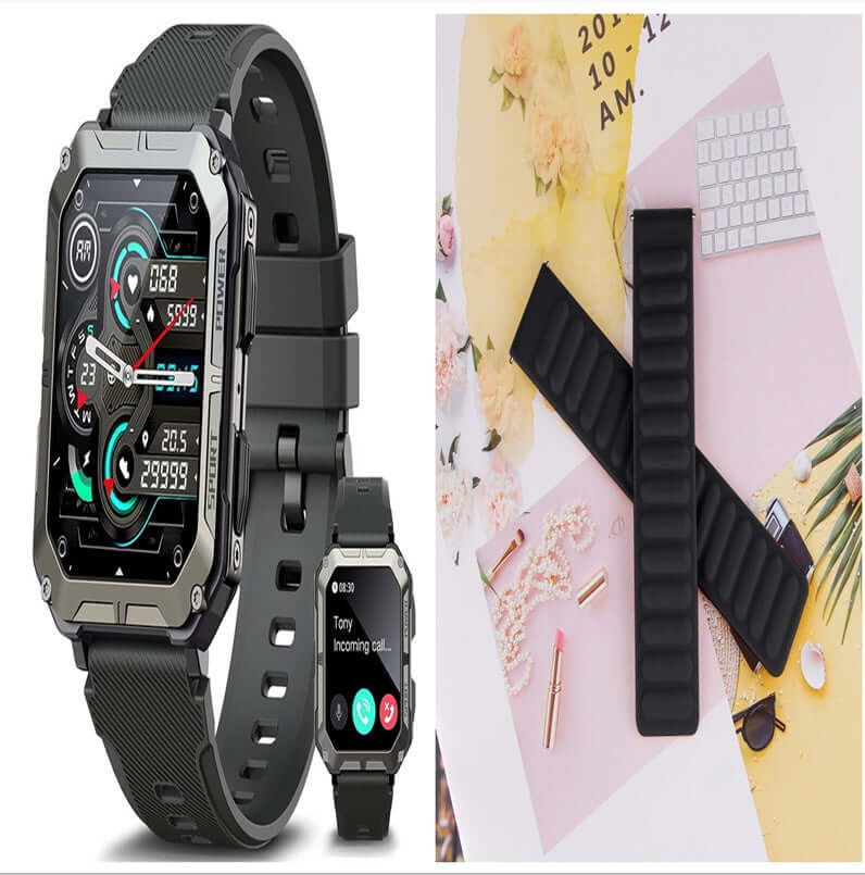 Dropshipman fitness smartwatch for Android and iOS with black silicone band and customizable watch faces