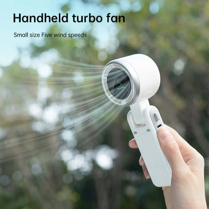 Handheld foldable electric fan for travel with five wind speeds in white held outdoors