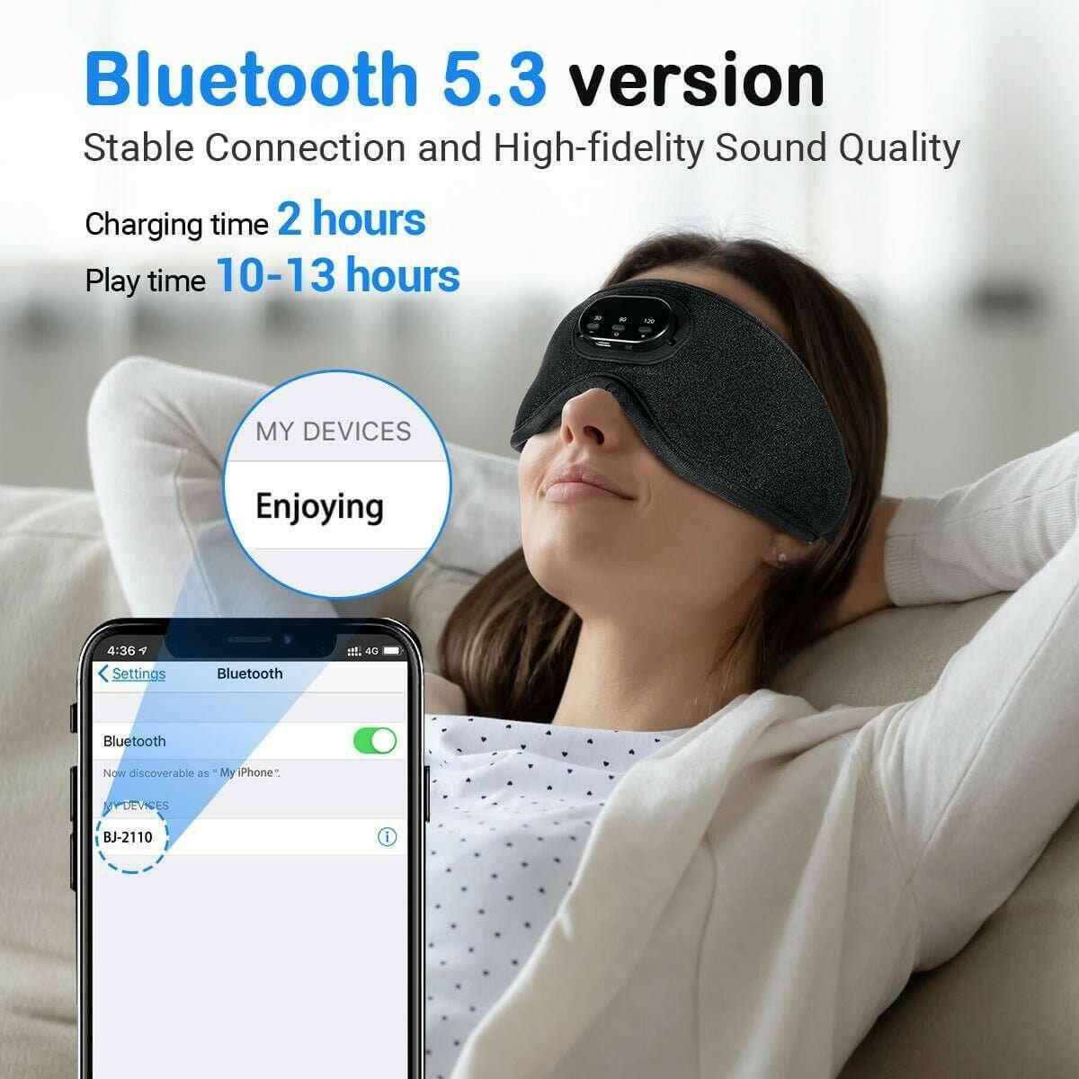 Woman relaxing on couch wearing a full blackout smart sleep mask with Bluetooth 5.3 for stable connection
