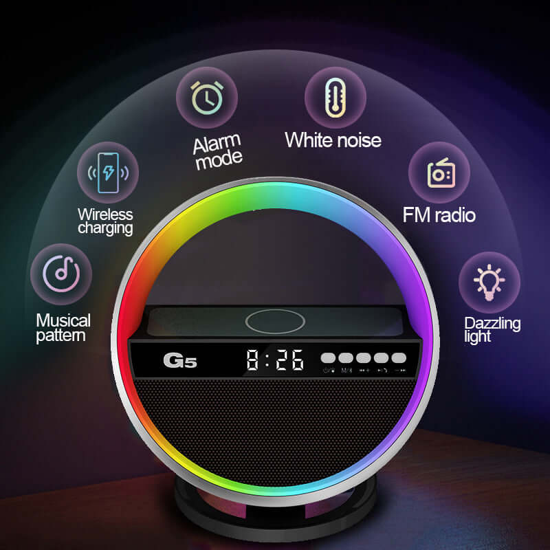 Versatile 15W Wireless Charger Speaker illustrating options for alarm mode and FM radio, creating an immersive environment while efficiently charging devices as a wireless charger speaker.