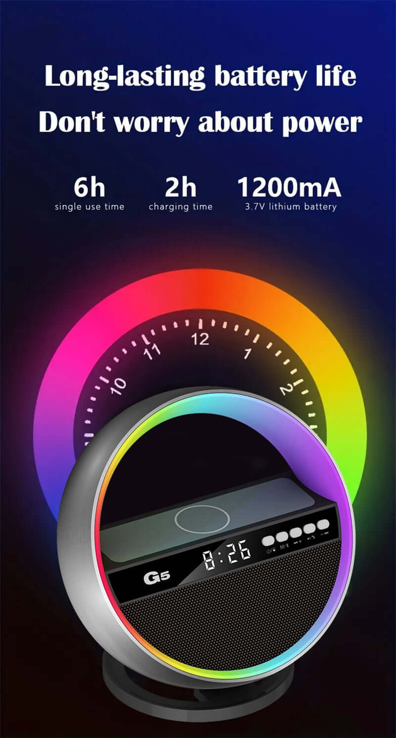 Dynamic 15W Wireless Charger Speaker featuring a battery life timer and vibrant RGB effects, highlighting its efficient performance and usability as a wireless charger speaker.