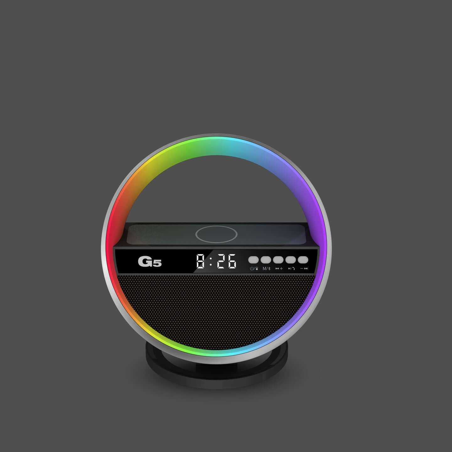 Elegant 15W Wireless Charger Speaker captured with vibrant RGB halo lighting and clear display, emphasizing its dual function of charging smartphones and delivering sound as a wireless charger speaker.