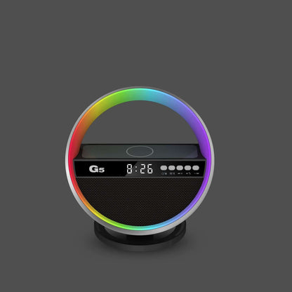Elegant 15W Wireless Charger Speaker captured with vibrant RGB halo lighting and clear display, emphasizing its dual function of charging smartphones and delivering sound as a wireless charger speaker.