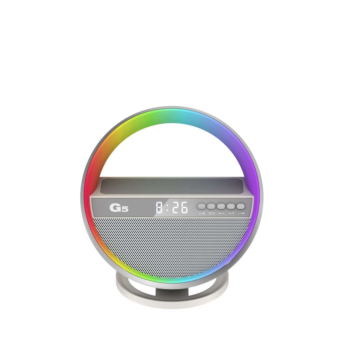 Stylish 15W Wireless Charger Speaker featuring vibrant RGB lighting and user-friendly interface, designed to elevate your music experience while serving as a wireless charger speaker.