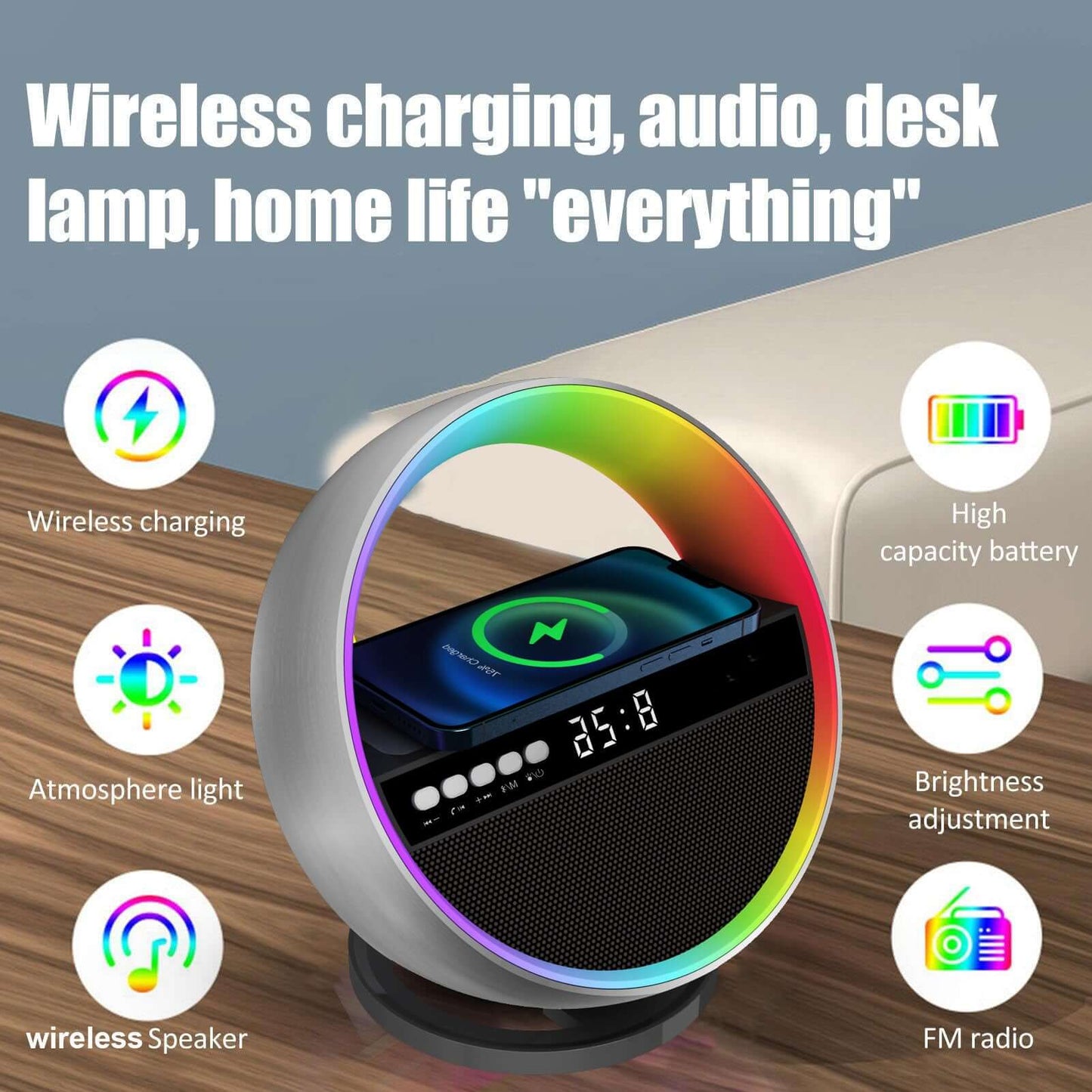 Multifunctional 15W Wireless Charger Speaker displaying key features like wireless charging, desk lamp, and audio playback, designed for modern home convenience as a wireless charger speaker.