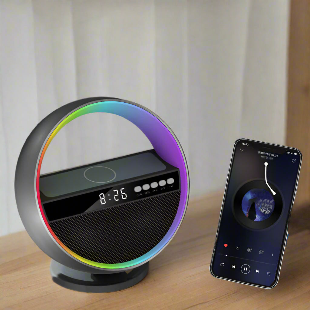 15W Wireless Charger Speaker showcasing sleek design with RGB lighting and integrated clock display, perfect for enhancing your audio experience while charging devices as a wireless charger speaker.