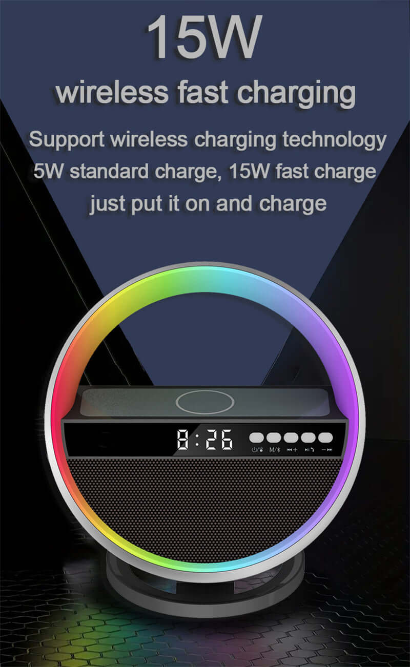 Advanced 15W Wireless Charger Speaker showcasing fast charging capabilities with clear visuals and RGB lights, integrating style and functionality in one as a wireless charger speaker.