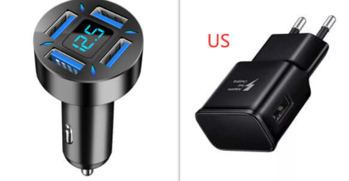 Dropshipman 4 port USB car charger with digital voltage display and US plug adapter