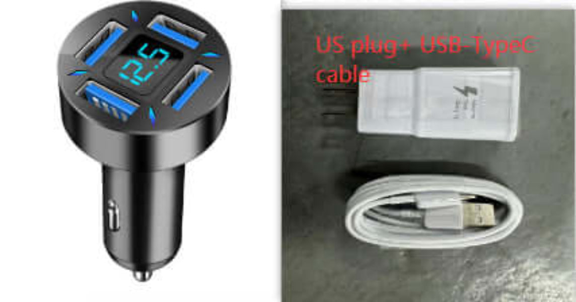 Dropshipman 4 port USB car charger with digital display and USB Type-C cable and US plug charger