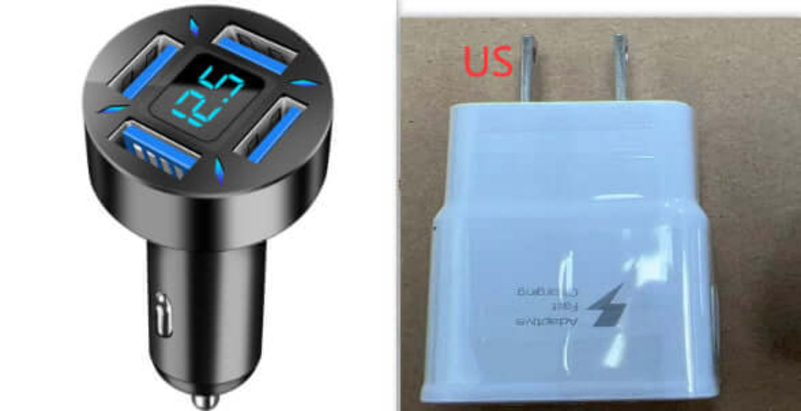 4 port USB car charger with digital voltage display and white US plug adapter from Dropshipman