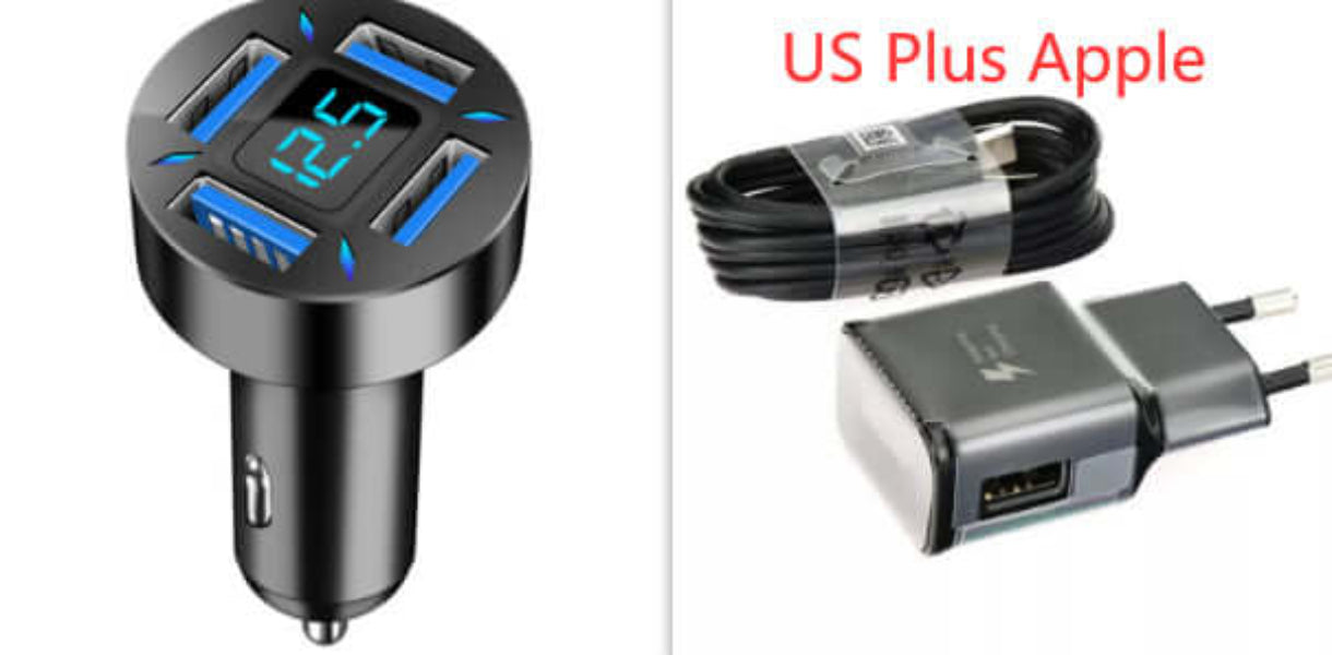 Dropshipman 4 port USB car charger with digital voltage display and Apple charging cable