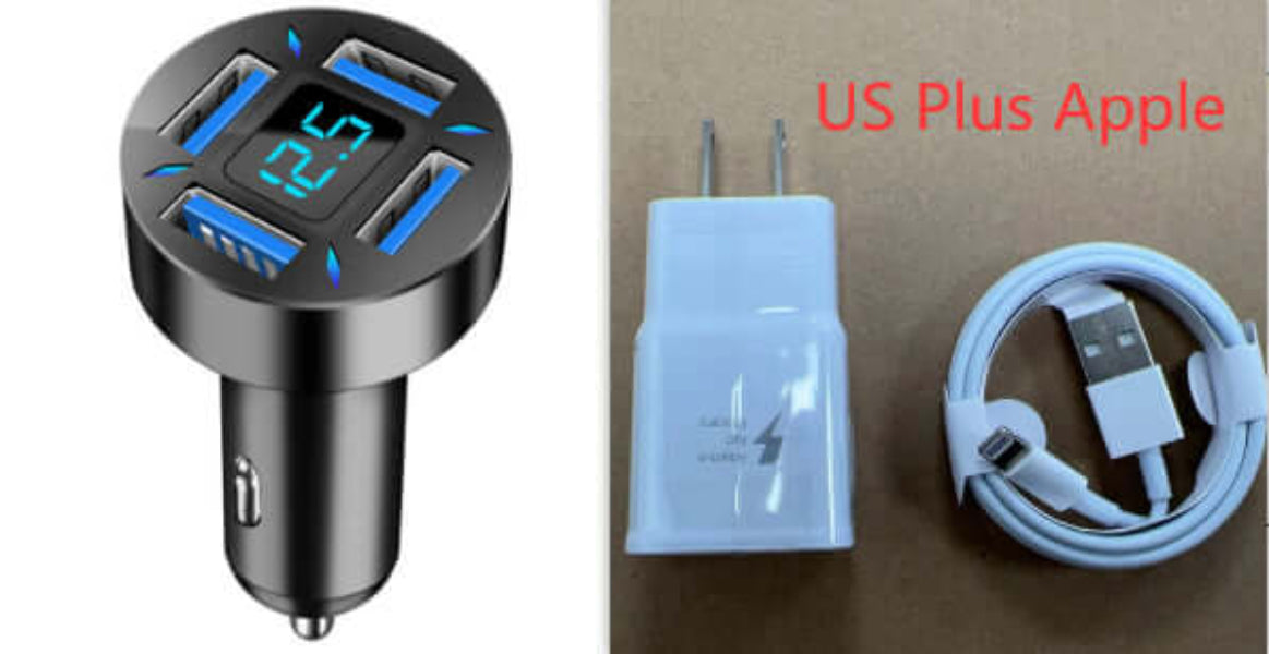 4 port USB car charger with digital display and additional US Plus Apple USB charging adapter and cable