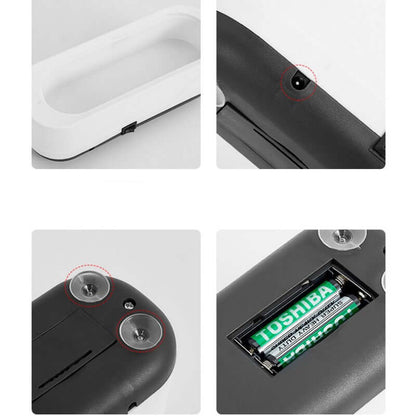 Close-up views of CozyTech Living ultrasonic eyeglasses cleaner showing power input, suction cups, and battery compartment details