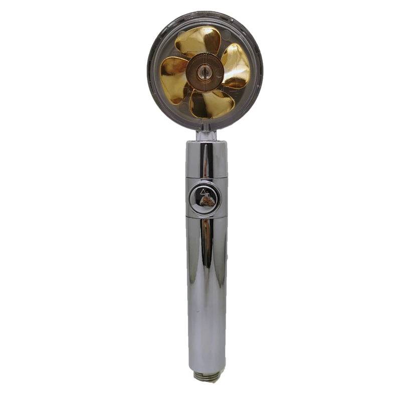 The Vortex High Pressure Handheld Showerhead featuring a golden internal propeller design, intended for optimal water pressure during showers.