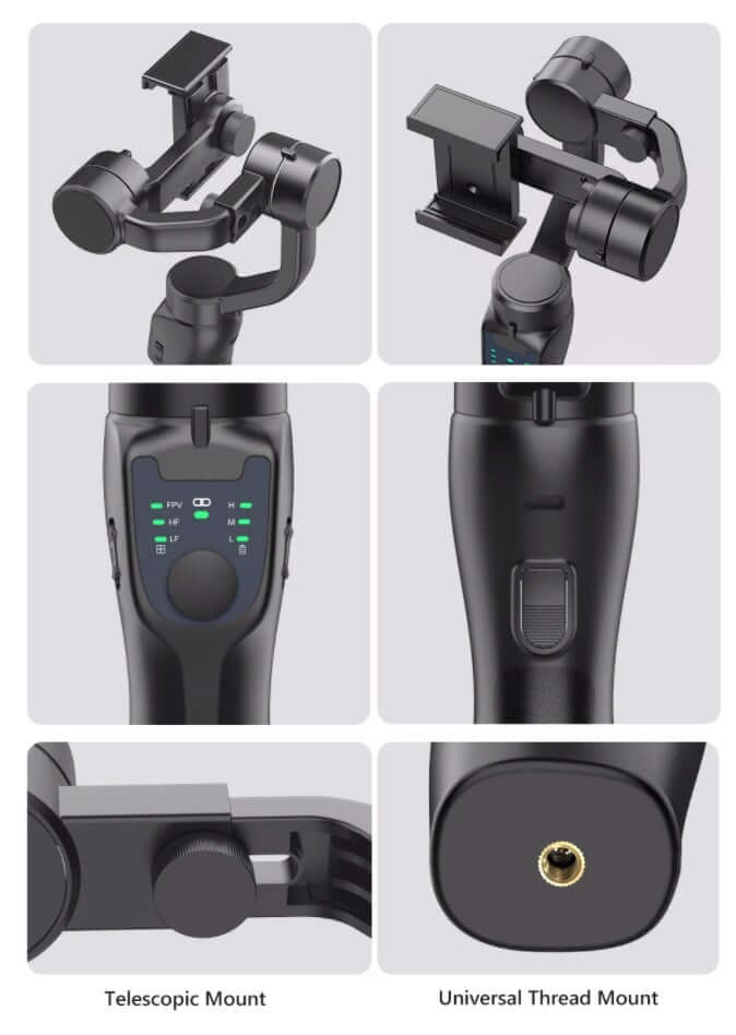 Handheld phone stabilizer for filming with telescopic and universal thread mounts in black design