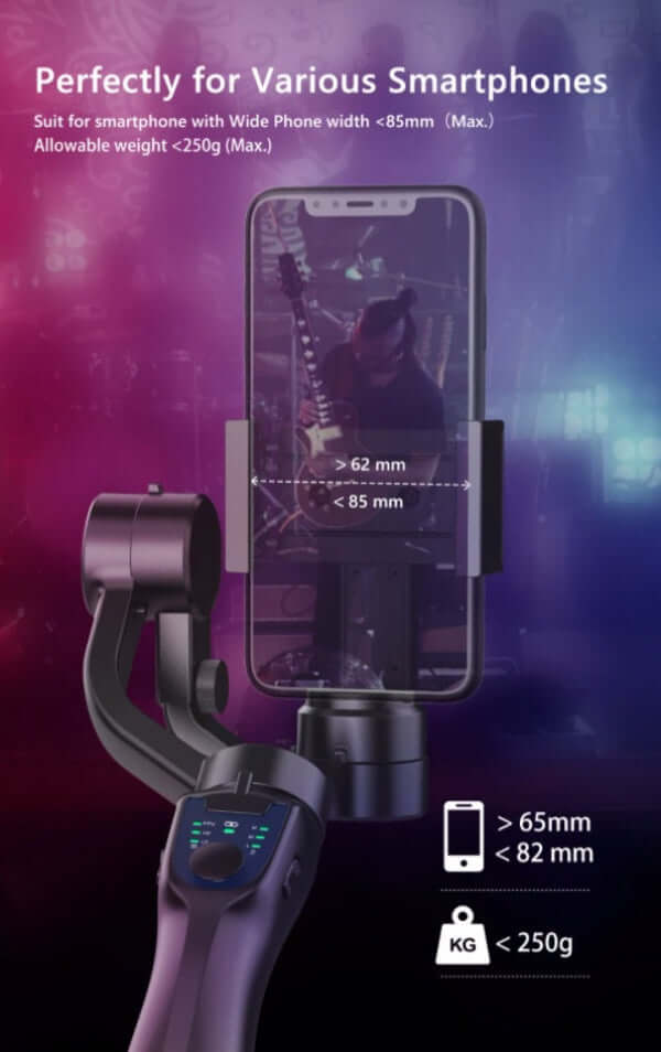 Handheld phone stabilizer for filming compatible with smartphones up to 85mm wide and 250g weight