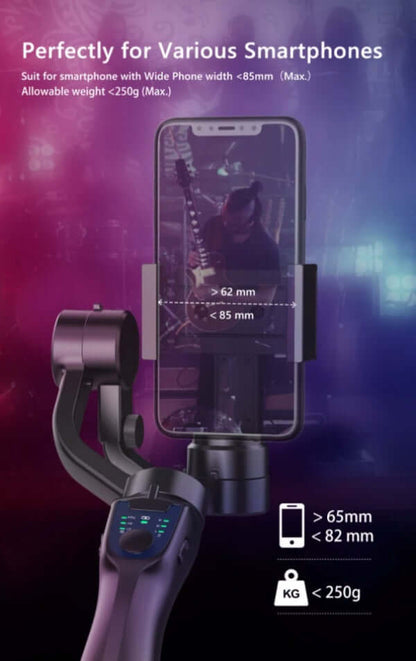 Handheld phone stabilizer for filming compatible with smartphones up to 85mm wide and 250g weight