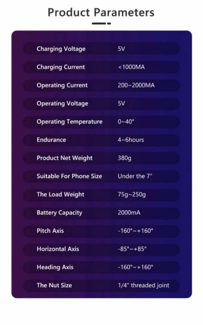Handheld phone stabilizer for filming technical specifications including battery, weight, and axis rotation